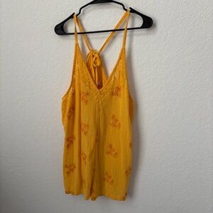Free People Yellow Floral Embroidered and Lace-Trim V-Neck Dress, Size Large